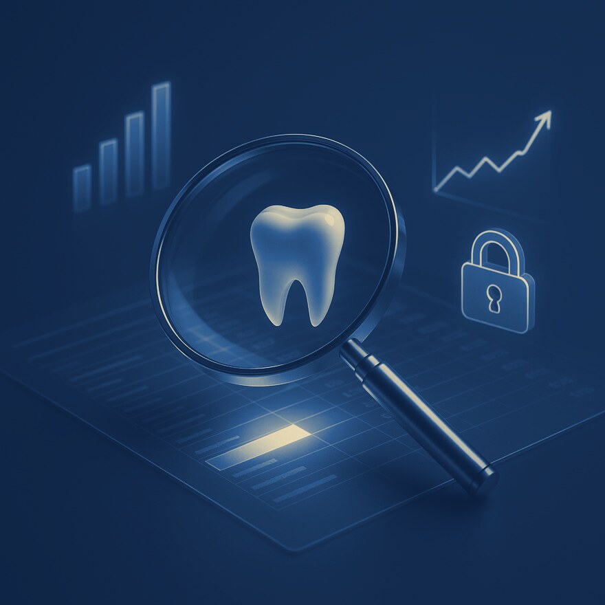 Forensic examination of dental practice finances, a magnifying glass over financial records, charts, and a secure padlock