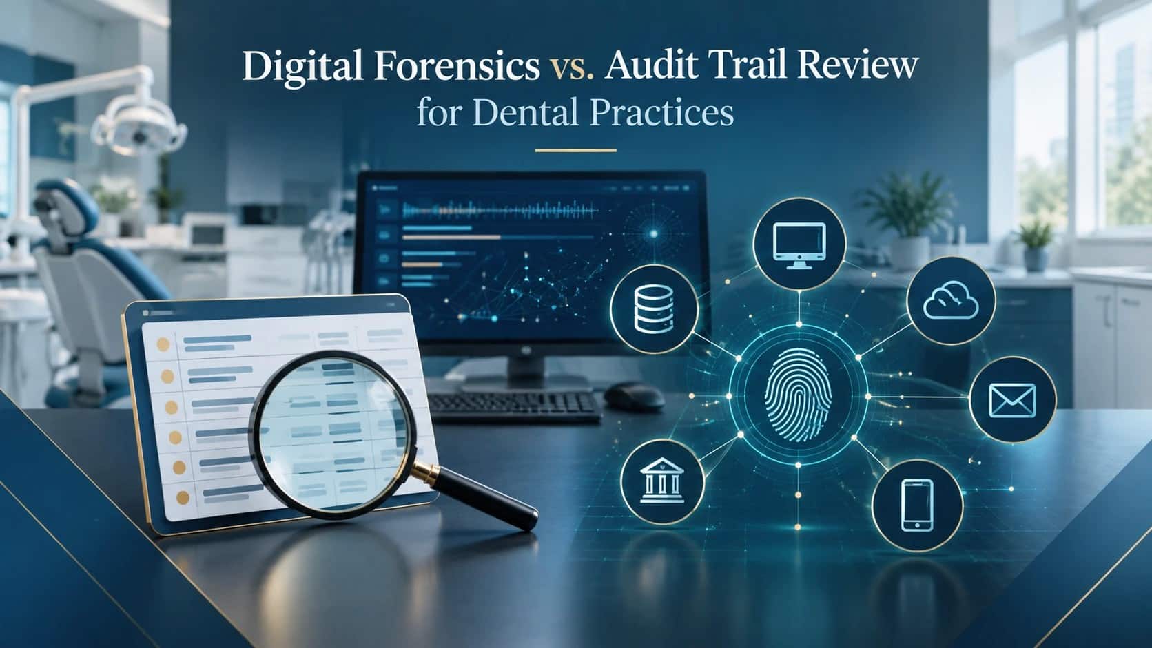 Digital forensics vs. audit trail review for dental practices: an audit log under a magnifying glass beside a fingerprint connected to computers, databases, cloud, email, bank, and mobile evidence
